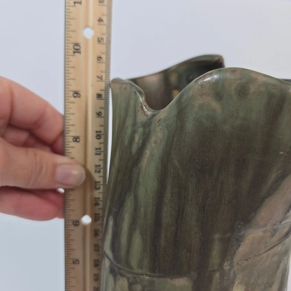 Studio Art Pottery Vase Green Charcoal Drip Glaze Organic Brutalist Stoneware 10